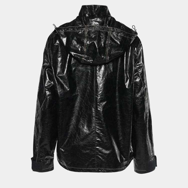 Pre Owned Kenzo Black Crackled Leather Hooded Windbreaker Jacket M