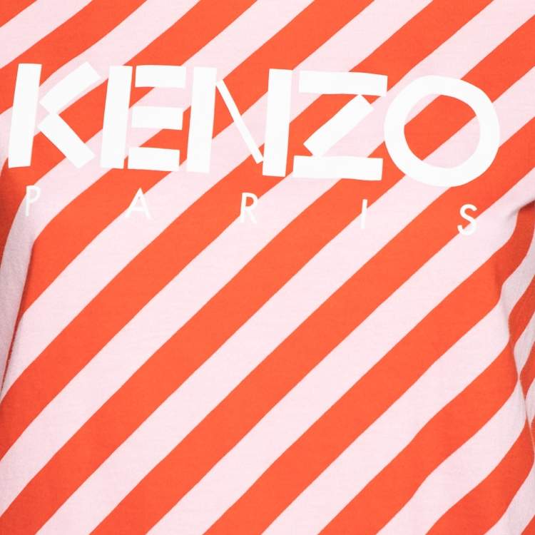 Pre Owned Kenzo Red Paprika Striped Cotton Logo Printed Short Sleeve T-Shirt M