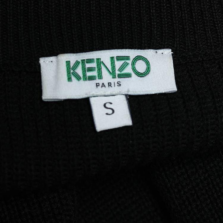 Pre Owned Kenzo Black Knit Logo Printed Cuff Detail Zip Front Long Cardigan S