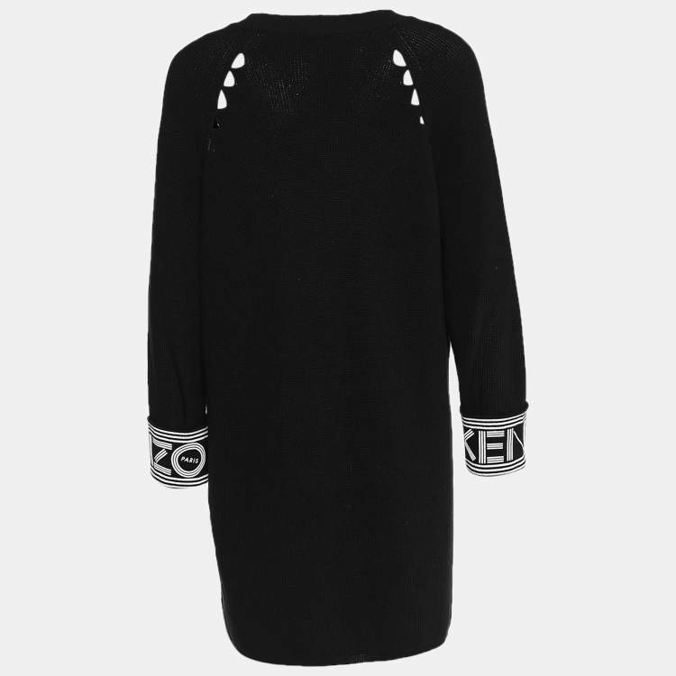 Pre Owned Kenzo Black Knit Logo Printed Cuff Detail Zip Front Long Cardigan S