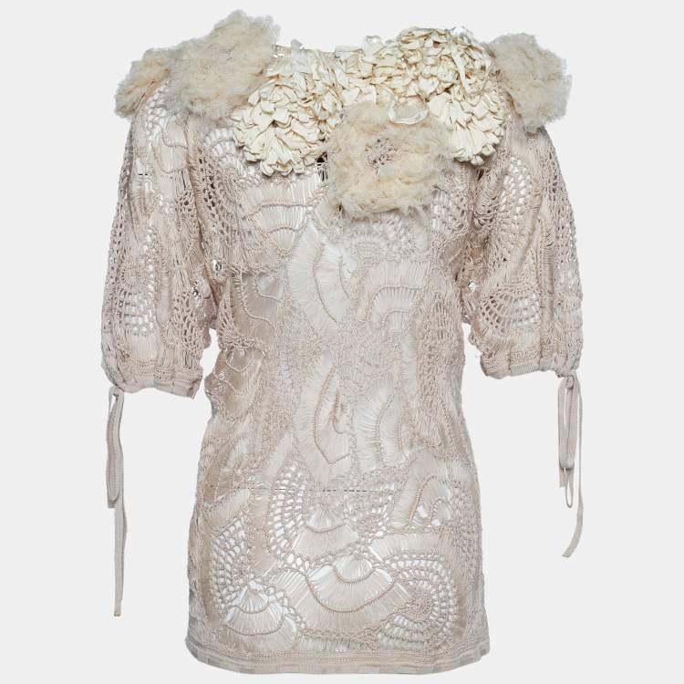 Pre Owned  Kenzo Beige Knit Floral Applique Blouse M