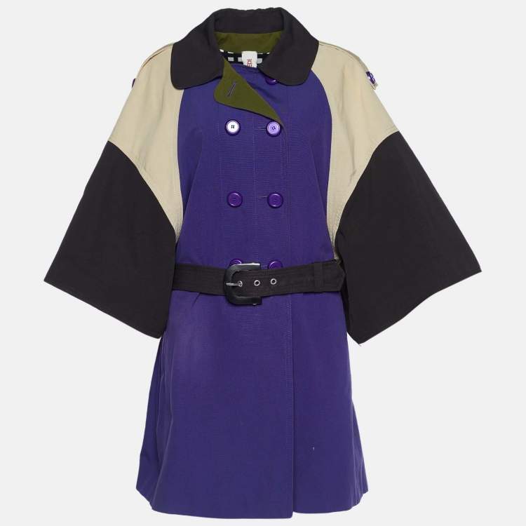 Pre Owned Kenzo Colorblock Cotton Double Breasted Belted Coat L