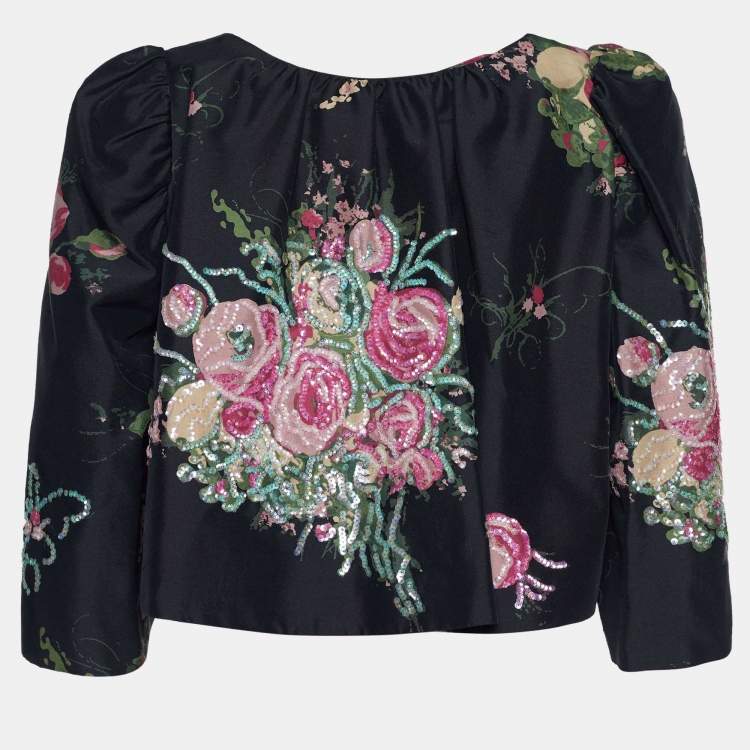 Pre Owned Kenzo Black Floral Printed Silk Sequin Embellished Detailed Shrug M