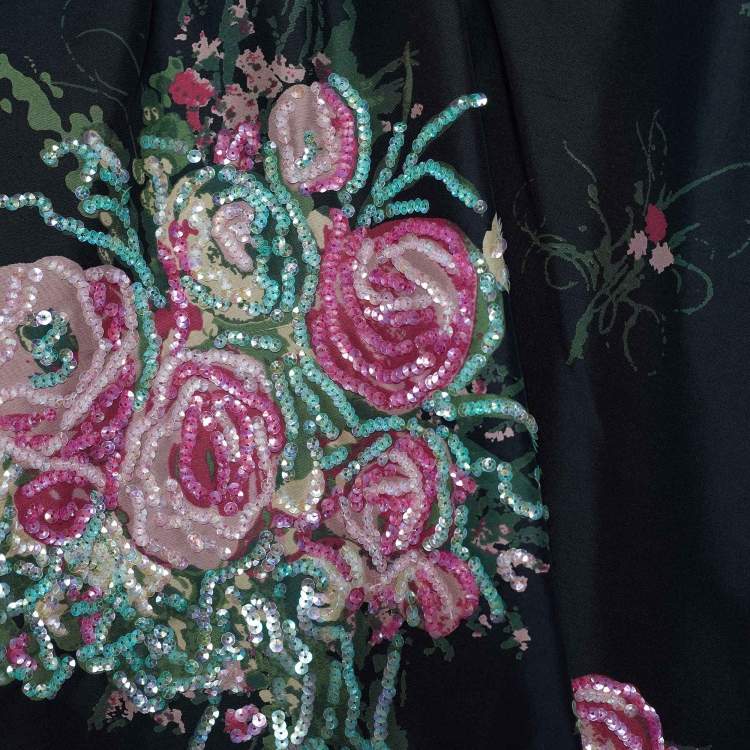 Pre Owned Kenzo Black Floral Printed Silk Sequin Embellished Detailed Shrug M