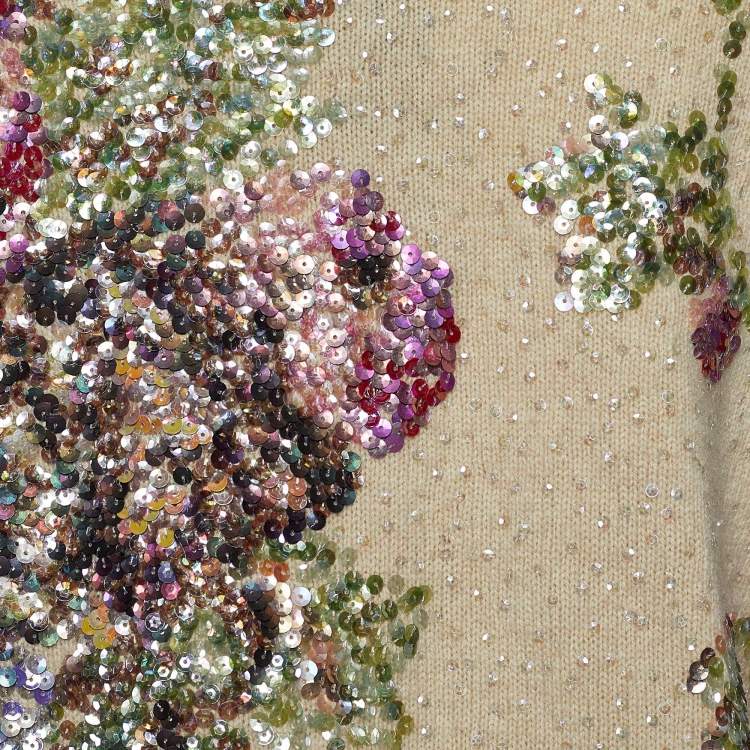 Pre Owned Kenzo Beige Floral Sequin Embellished Wool V-Neck Jumper S