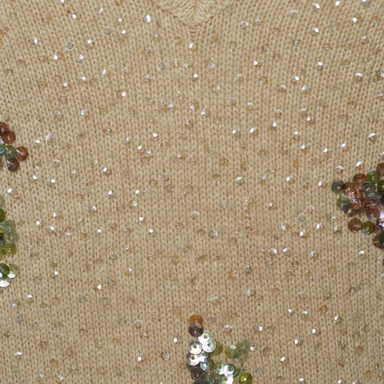 Pre Owned Kenzo Beige Floral Sequin Embellished Wool V-Neck Jumper S