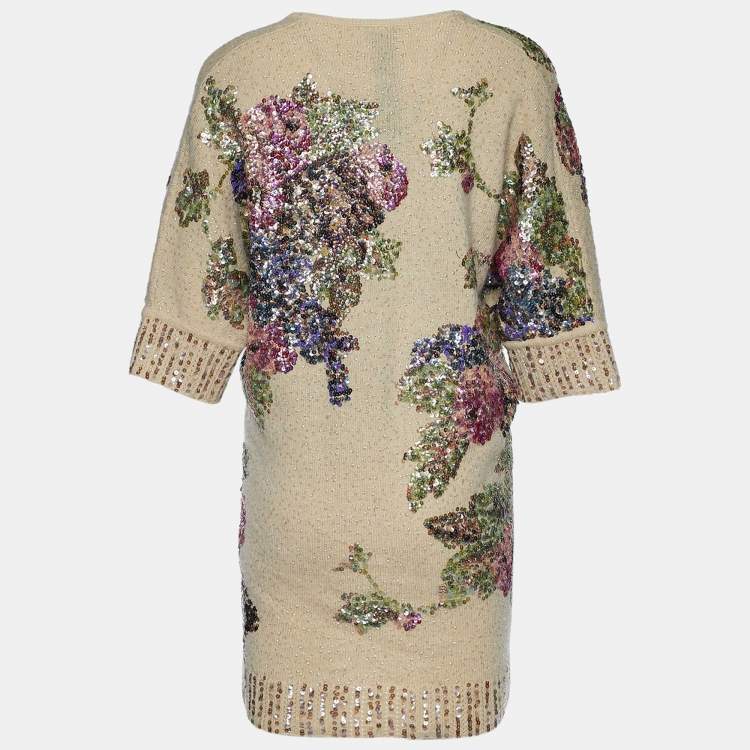 Pre Owned Kenzo Beige Floral Sequin Embellished Wool V-Neck Jumper S