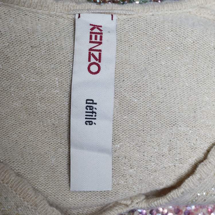 Pre Owned Kenzo Beige Floral Sequin Embellished Wool V-Neck Jumper S