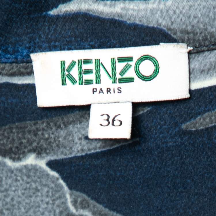 Pre Owned Kenzo Navy Blue Night Cloud Printed Crepe Belted Shirt Dress S
