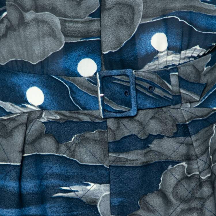 Pre Owned Kenzo Navy Blue Night Cloud Printed Crepe Belted Shirt Dress S