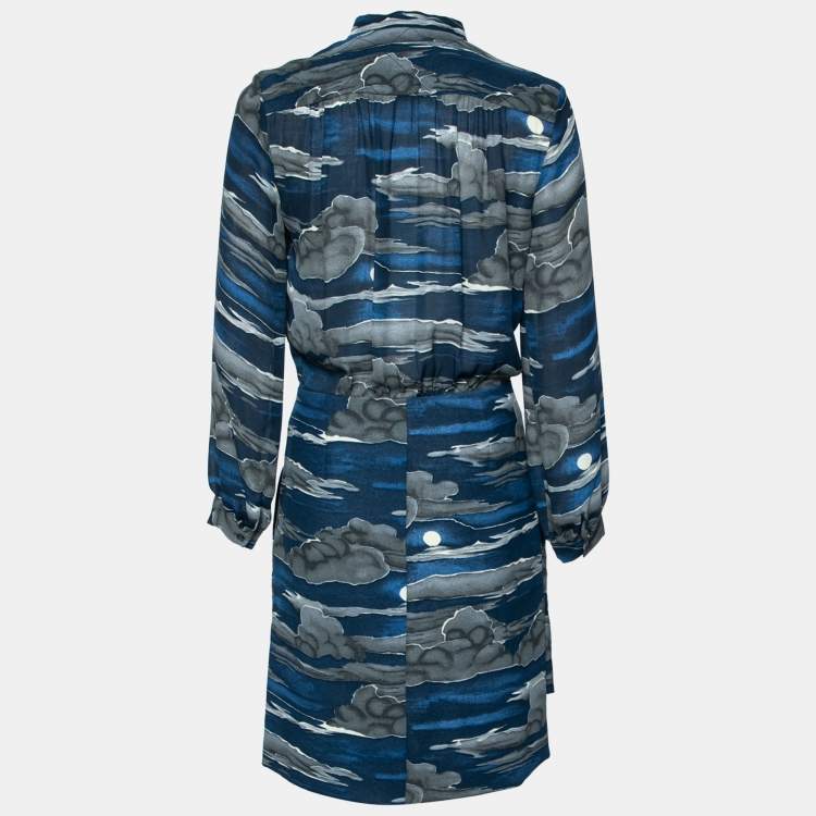 Pre Owned Kenzo Navy Blue Night Cloud Printed Crepe Belted Shirt Dress S