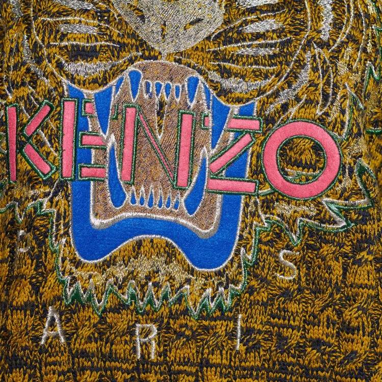 Pre Owned Kenzo Green & Black Cable Knit Tiger Embroidered Sweater Dress S