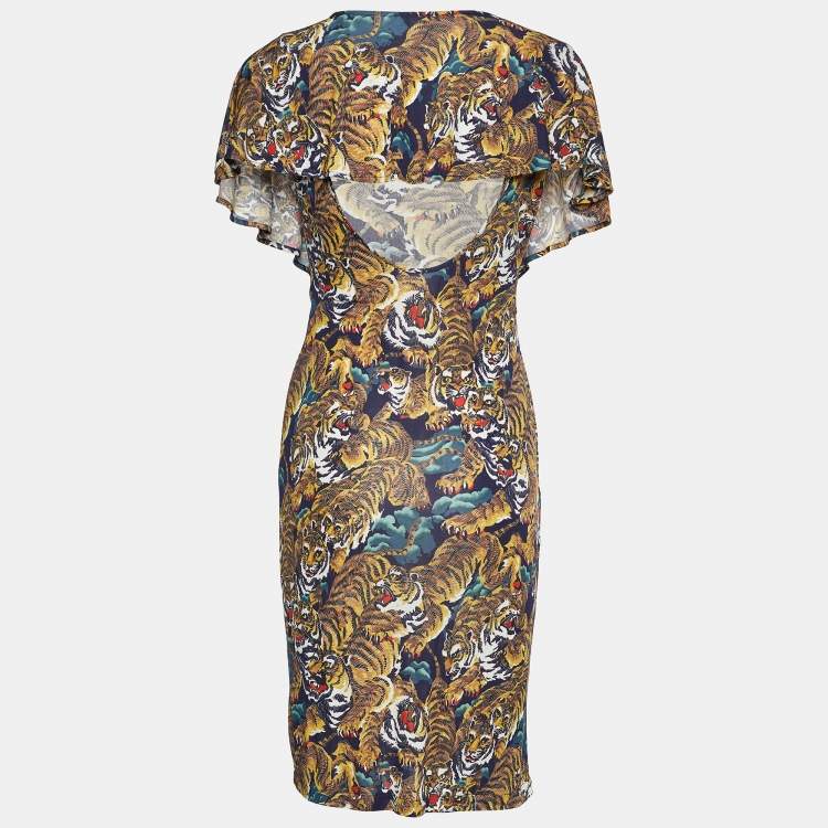Pre Owned Kenzo Blue Tiger Print Jersey Cutout Back Dress S