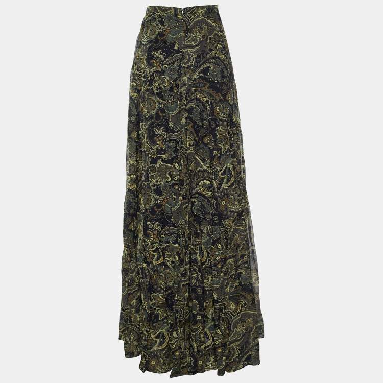 Pre Owned Kenzo Defile Black Paisley Print Silk Maxi Skirt L