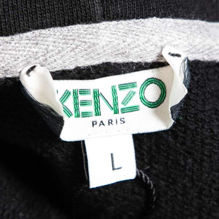 Pre Owned Kenzo Black Cotton Logo Printed Drawstring Hooded Sweatshirt L