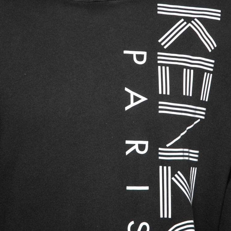 Pre Owned Kenzo Black Cotton Logo Printed Drawstring Hooded Sweatshirt L