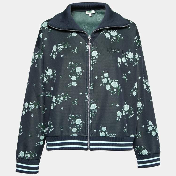 Pre Owned Kenzo Navy Blue Knit Floral Embroidered Zip Front Jacket L