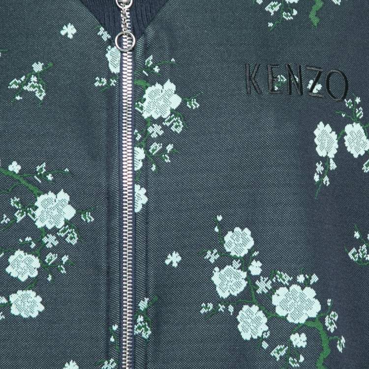 Pre Owned Kenzo Navy Blue Knit Floral Embroidered Zip Front Jacket L