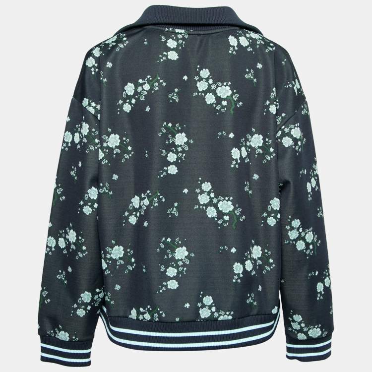Pre Owned Kenzo Navy Blue Knit Floral Embroidered Zip Front Jacket L