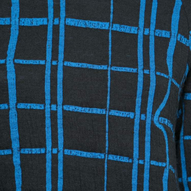Pre Owned Kenzo Blue and Black Checkered Printed Knit Long Sleeve Crew Neck Sweater L
