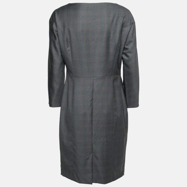 Pre Owned Kenzo Grey Plaid Wool Sheath Dress L