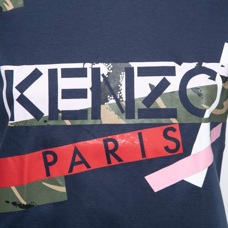 Pre Owned Kenzo Blue Cotton Logo Printed Crew Neck T-Shirt M