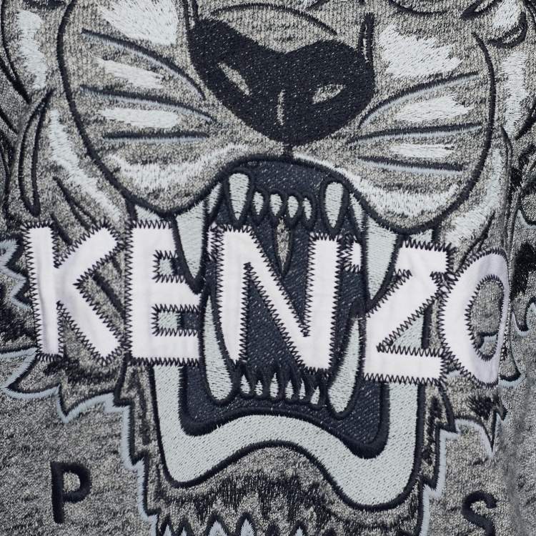 Pre Owned Kenzo Grey Tiger Embroidered Melange Cotton Sweatshirt XL