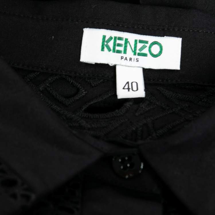 Pre Owned Kenzo Black Cotton Poplin Lace Detailed Short Sleeve Dress M