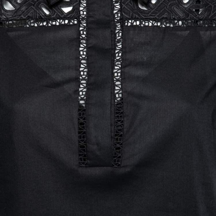Pre Owned Kenzo Black Cotton Poplin Lace Detailed Short Sleeve Dress M