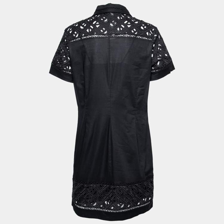 Pre Owned Kenzo Black Cotton Poplin Lace Detailed Short Sleeve Dress M