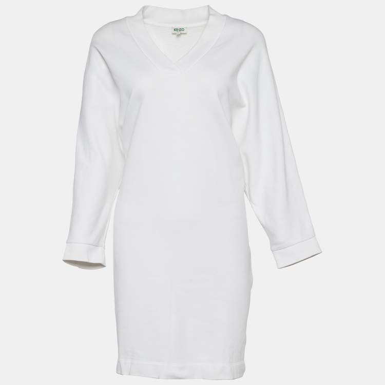 Pre Owned Kenzo White Terry Knit V Neck Sweatshirt Dress L