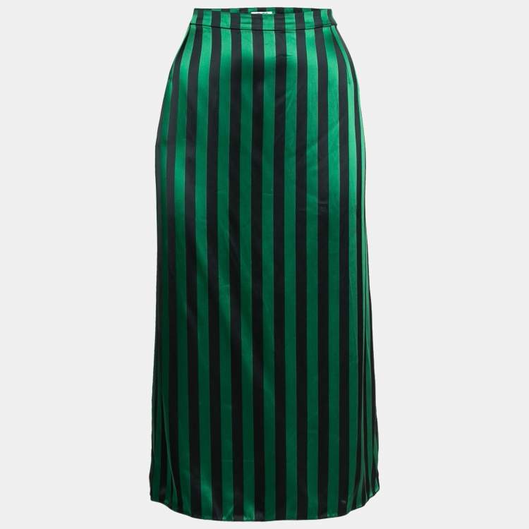 Pre Owned Kenzo Green & Black Striped Satin Midi Skirt L