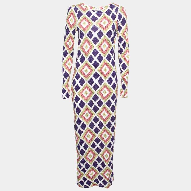 Pre Owned Kenzo Multicolor Printed Knit Slit Detail Maxi Dress M