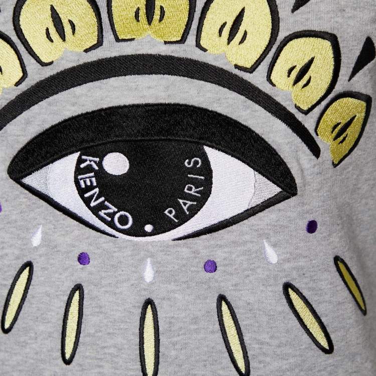 Pre Owned Kenzo Grey Eye Embroidered Cotton Crew Neck Sweatshirt S