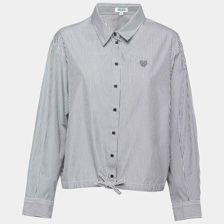 Pre Owned Kenzo Grey Striped Cotton Hem Tie Detail Button Front Shirt XL