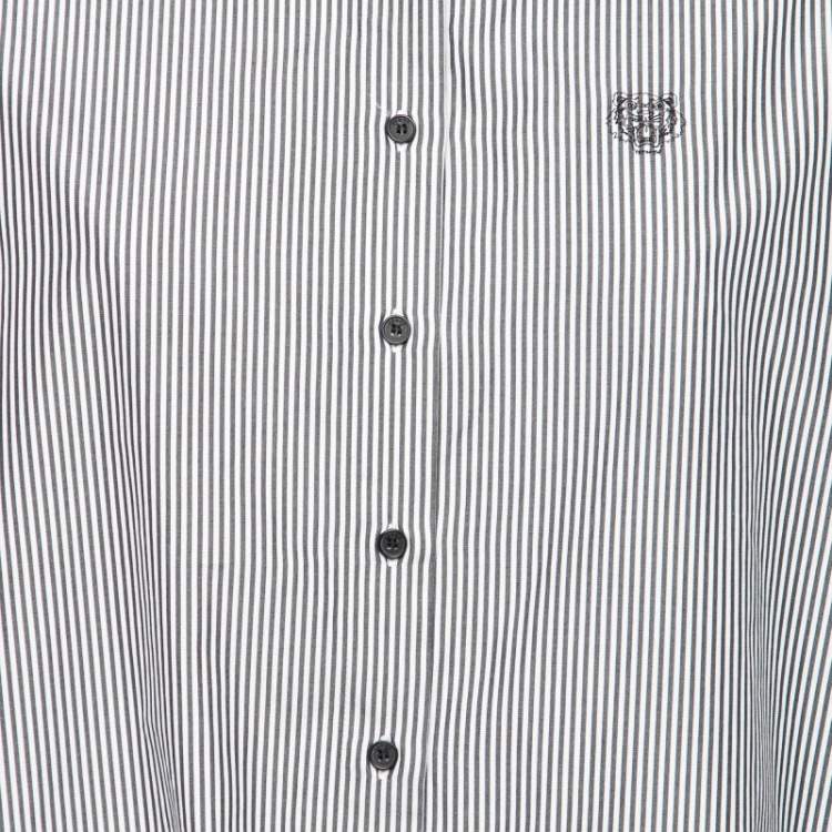 Pre Owned Kenzo Grey Striped Cotton Hem Tie Detail Button Front Shirt XL