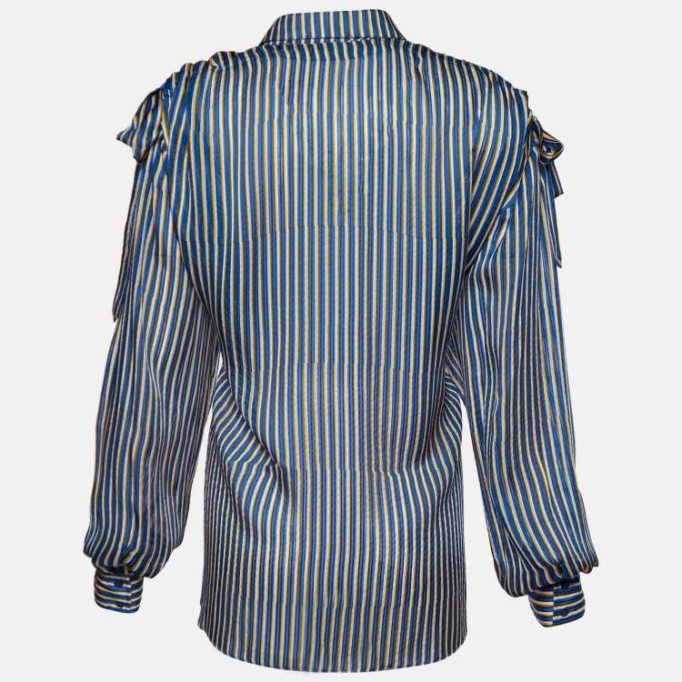 Pre Owned Kenzo Blue Striped Silk Shoulder Tie Detail Button Front Blouse XL