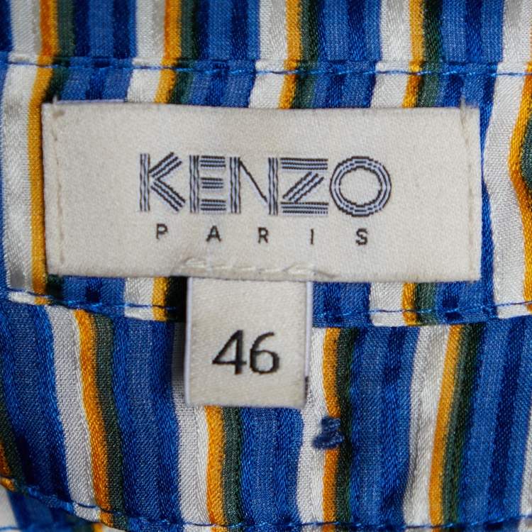 Pre Owned Kenzo Blue Striped Silk Shoulder Tie Detail Button Front Blouse XL