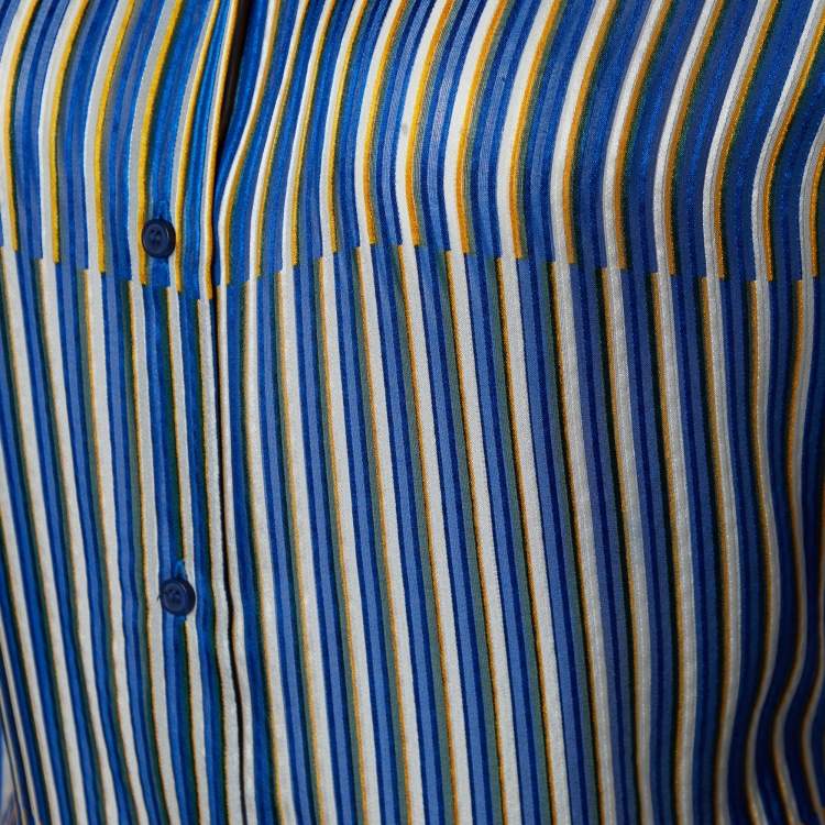 Pre Owned Kenzo Blue Striped Silk Shoulder Tie Detail Button Front Blouse XL