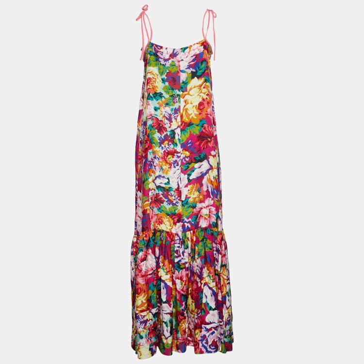 Pre Owned Kenzo Multicolor Floral Print Satin Silk Maxi Dress M