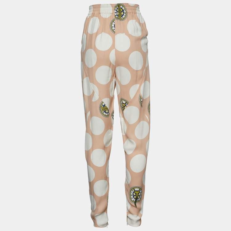 Pre Owned Kenzo Beige Dot Statue of Liberty Print Crepe Elasticized Waist Trousers XS