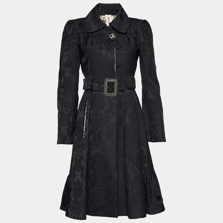 Pre Owned Kenzo Black Floral Jacquard Belted Single Breasted Coat M
