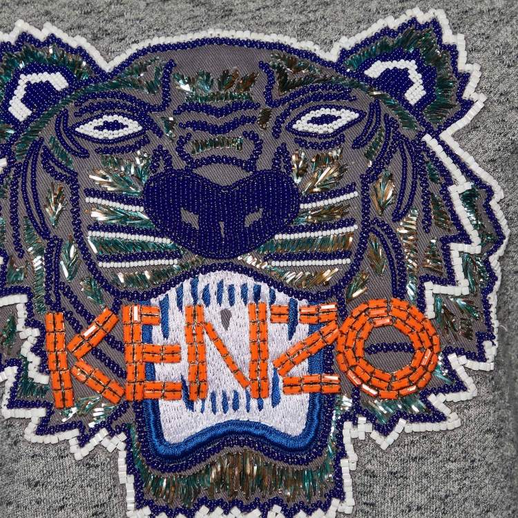 Pre Owned Kenzo Grey Cotton Tiger Embellished Crew Neck Sweatshirt M