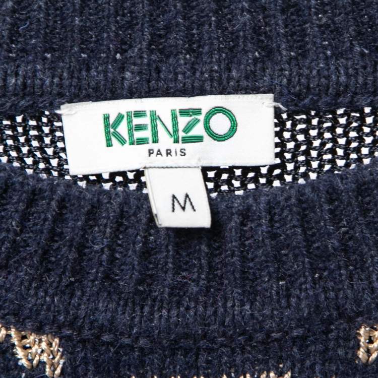 Pre Owned Kenzo Navy Blue Tiger Intarsia Motif Wool Sweater M