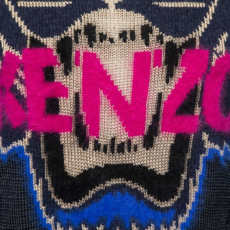 Pre Owned Kenzo Navy Blue Tiger Intarsia Motif Wool Sweater M