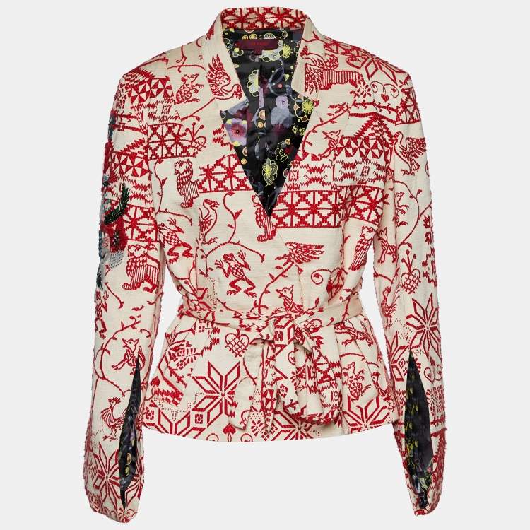 Pre Owned Kenzo Light Beige Embroidered Cotton Belted Kimono Jacket M