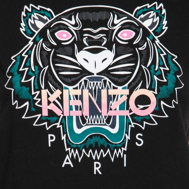 Pre Owned Kenzo Black Tiger Logo Print Cotton T-Shirt XS