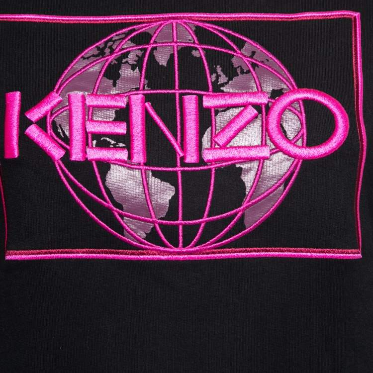 Pre Owned Kenzo Black Cotton Globe Embroidered Crew Neck Sweatshirt XS