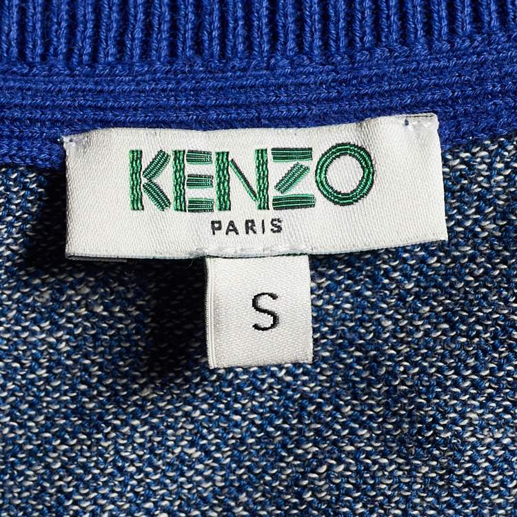 Pre Owned Kenzo Blue Mélange Cotton Tiger Patch Zip Front Cardigan S