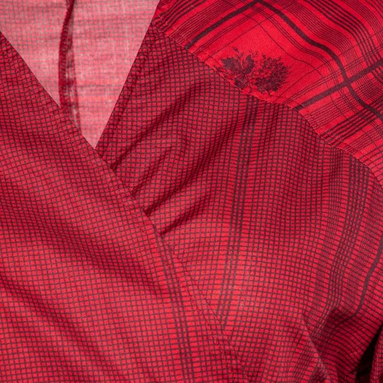 Pre Owned Kenzo Red Printed Cotton Front Tie Detail Blouse L